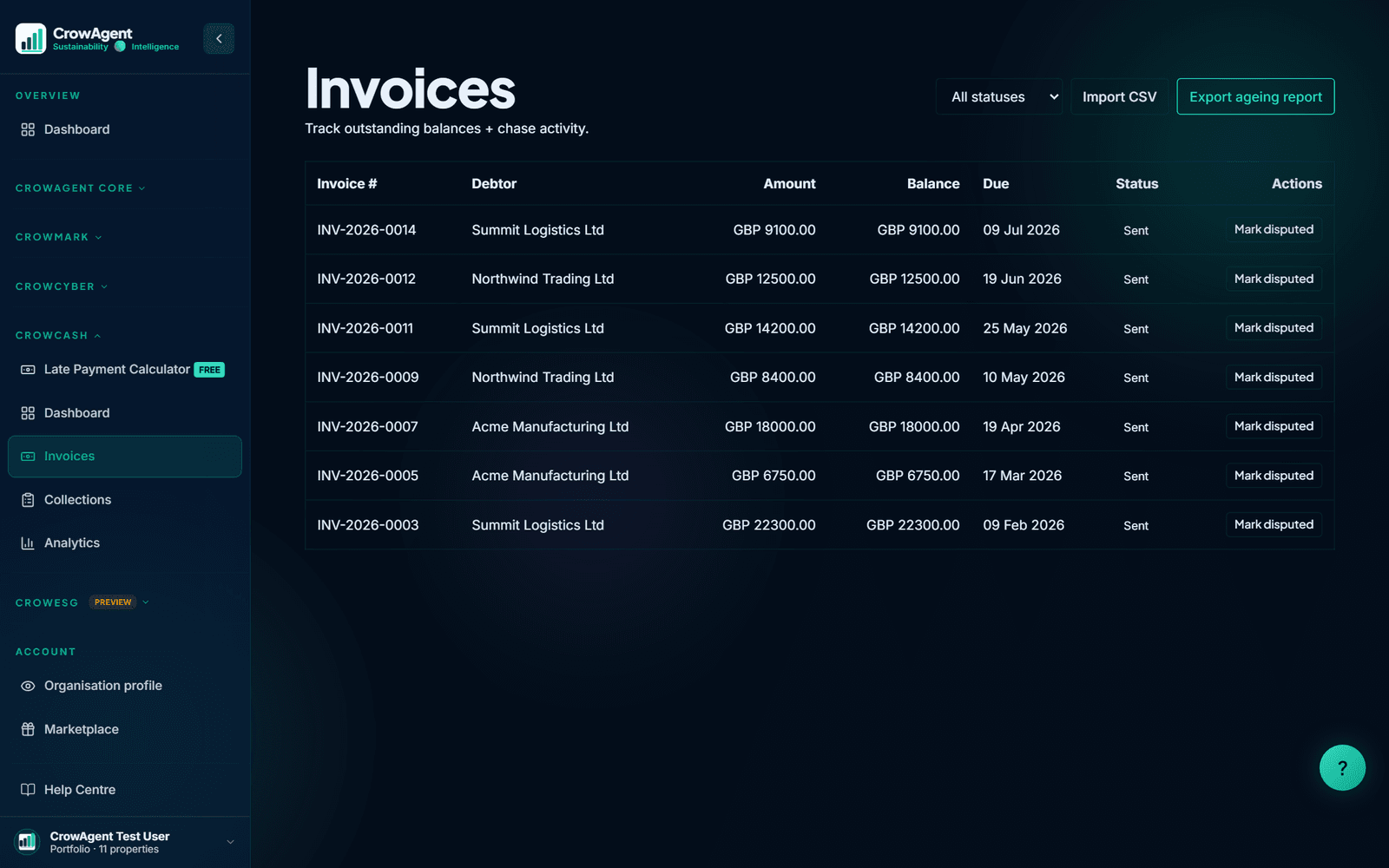 CrowCash invoice ledger with statutory interest