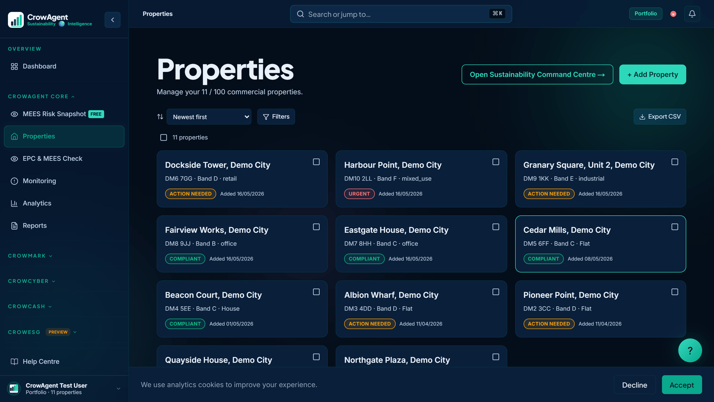 CrowAgent Core property portfolio listing EPC bands and MEES status