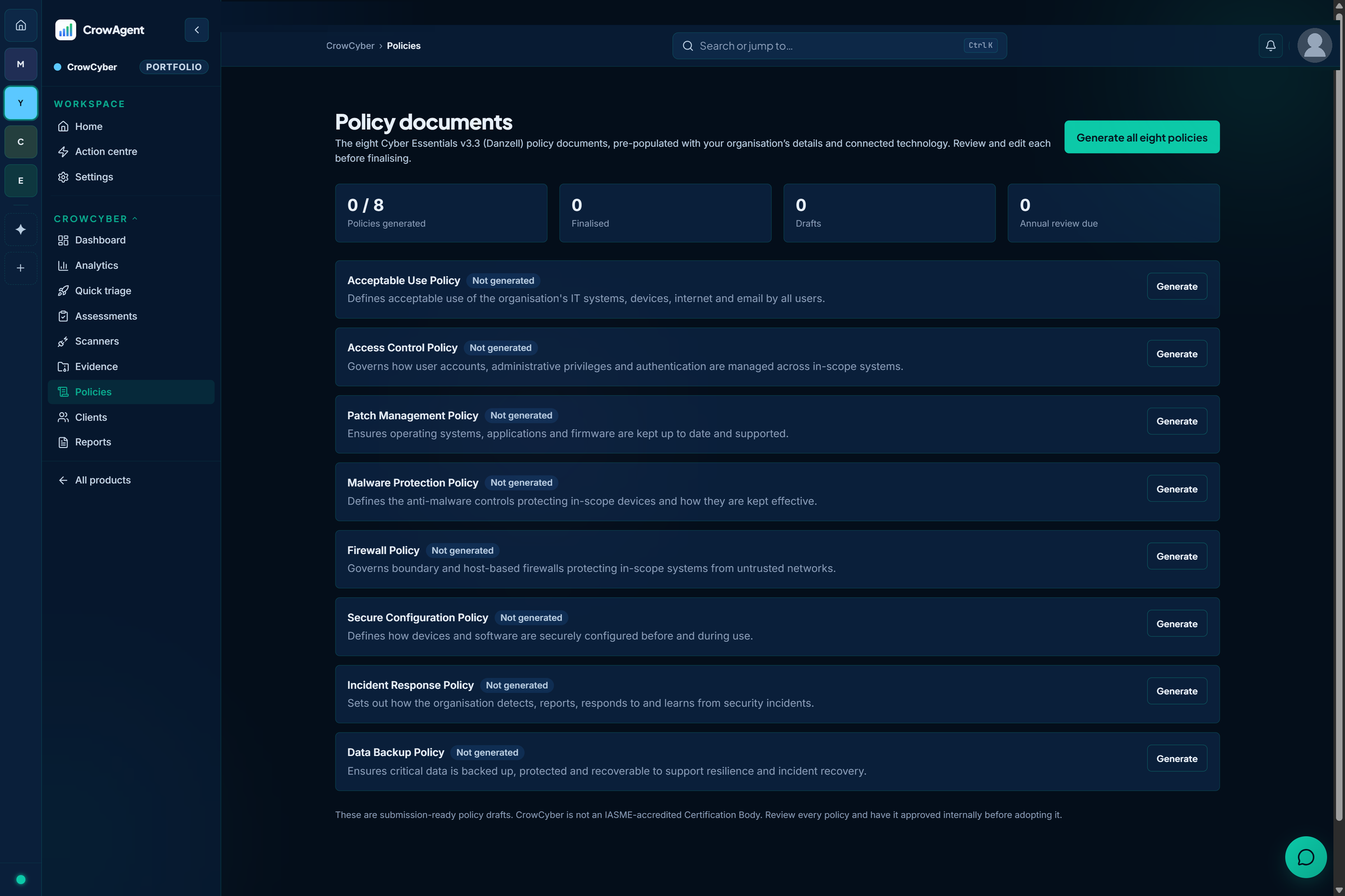 CrowCyber policies screen mapping written policies and evidence to the five NCSC Cyber Essentials controls